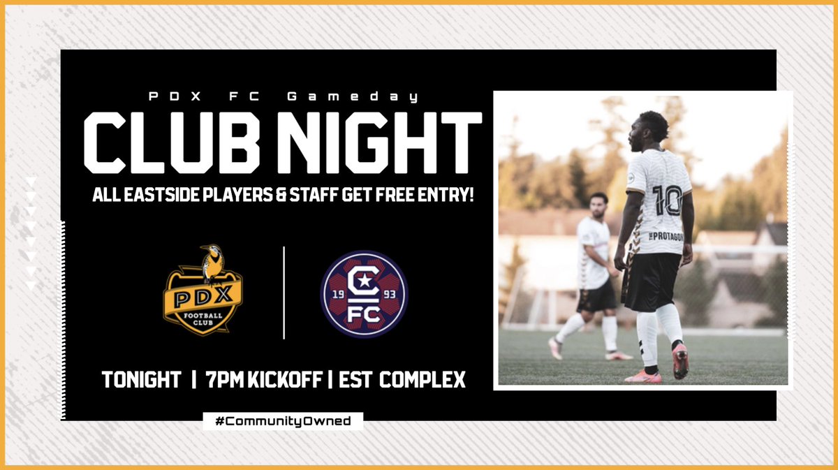 Gameday! Come out to the @estcomplex tonight at 7pm and watch @pdxfootballclub take on @cfcatletico in this week’s @uslleaguetwo matchup! All Eastside players and staff get FREE entry! Sport your new Club gear and show your support! #ThisIsEastside #CommunityOwned