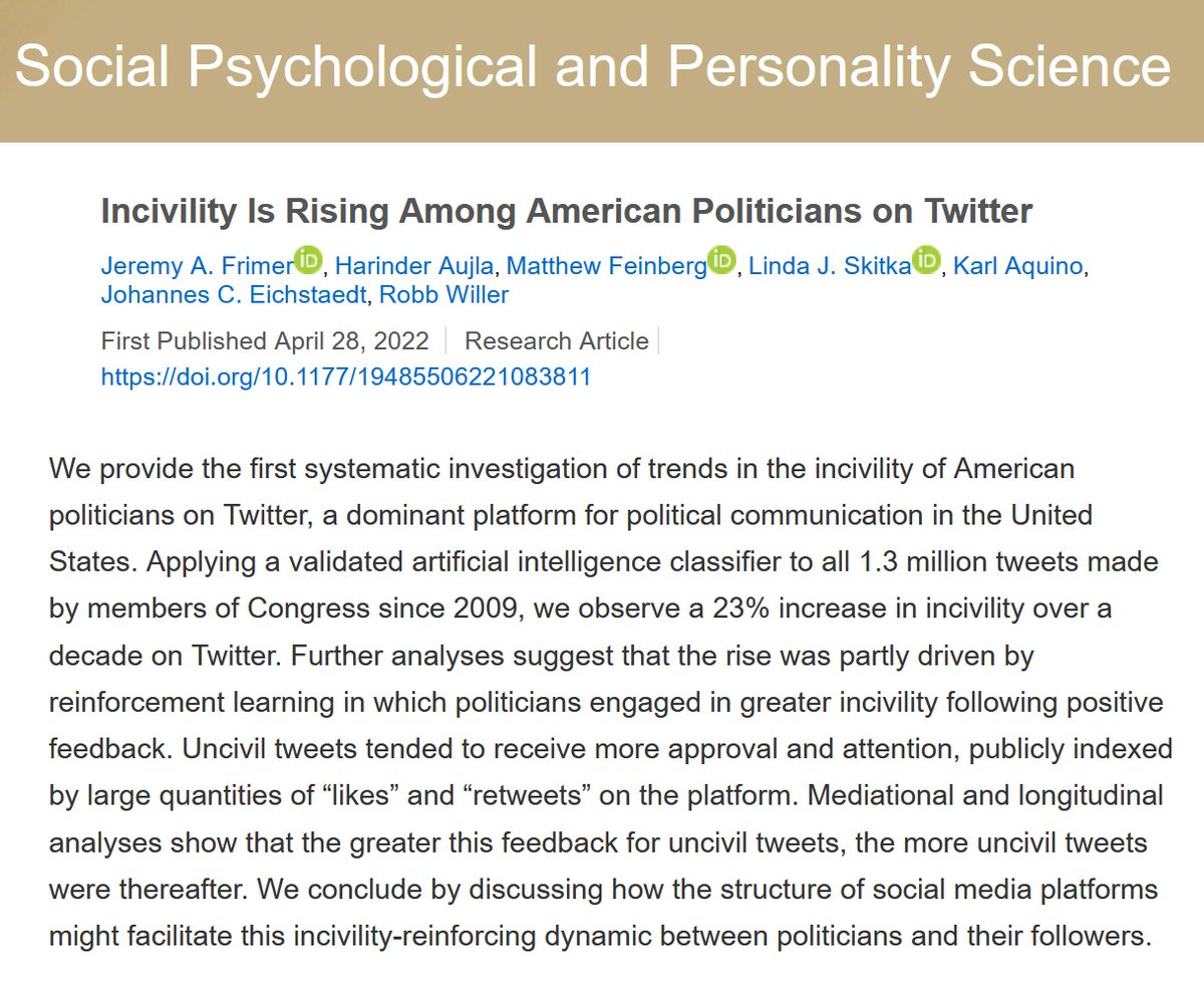 Politicians have gotten nastier online... but not offline.

In 2009, the most uncivil tweets got ~2x as many retweets as the least. By 2019, they got 15x more.

It's time for algorithms—and humans—to stop rewarding rudeness. Don't reinforce disrespect with likes or shares.