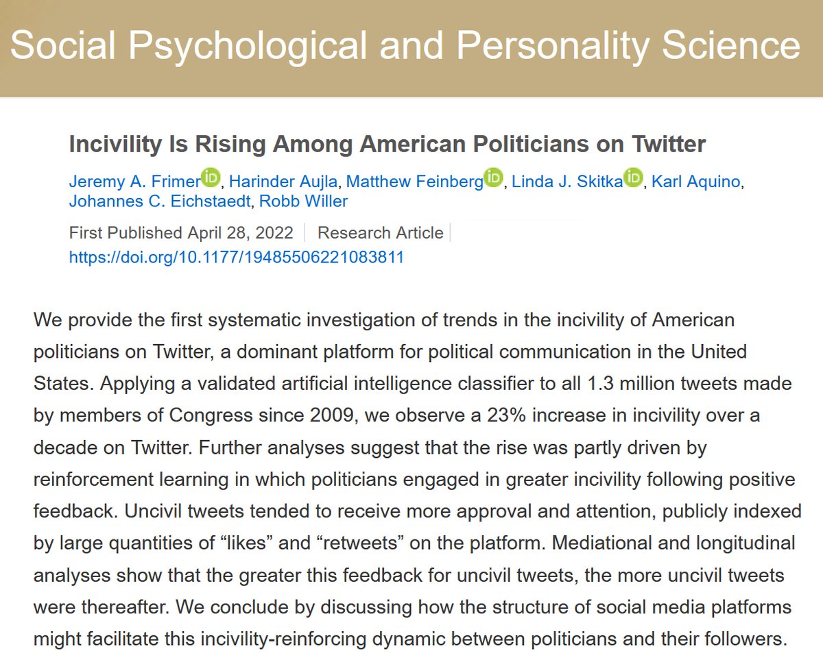 Politicians have gotten nastier online... but not offline. In 2009, the most uncivil tweets got ~2x as many retweets as the least. By 2019, they got 15x more. It's time for algorithms—and humans—to stop rewarding rudeness. Don't reinforce disrespect with likes or shares.