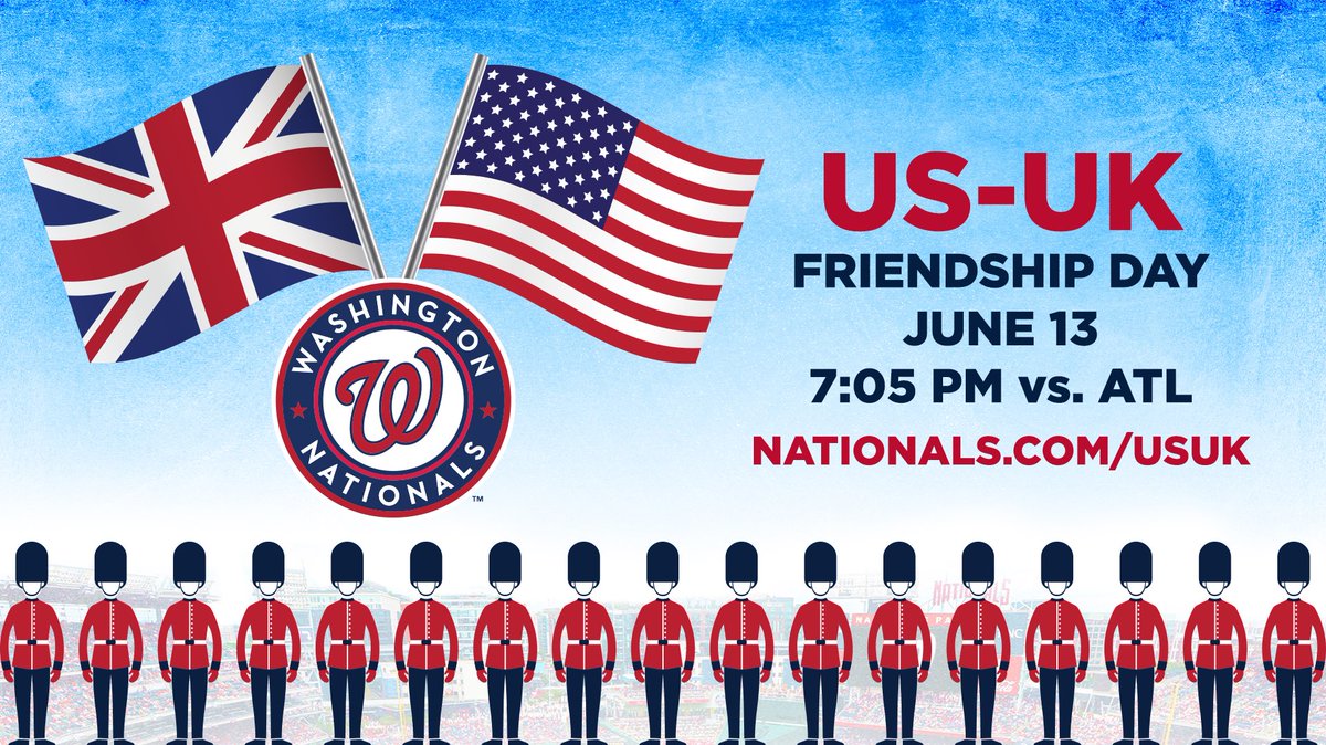 We are so excited to announce US-UK Friendship Day at @Nationals Park!   ⚾️ Join us on Monday 13 June nationals.com/usuk 🇺🇸🇬🇧