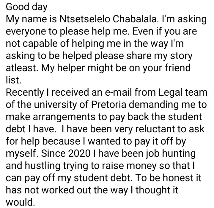 SeweyaB's tweet photo. Hello. Kindly take a but of your time to read this. This is @Ntsetselelo97 . Kindly RETWEET and share with anyone who may help. Your help would be truly appreciated. If you have questions, please DM him. https://t.co/DTGYRgC5G3