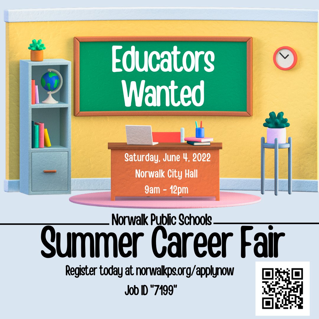 Looking to join a great team? Norwalk Public Schools is hiring for both certified and non-certified positions. Join us on Saturday, June 4 at Norwalk City Hall from 9am - noon. Register at norwalkps.org/applynow