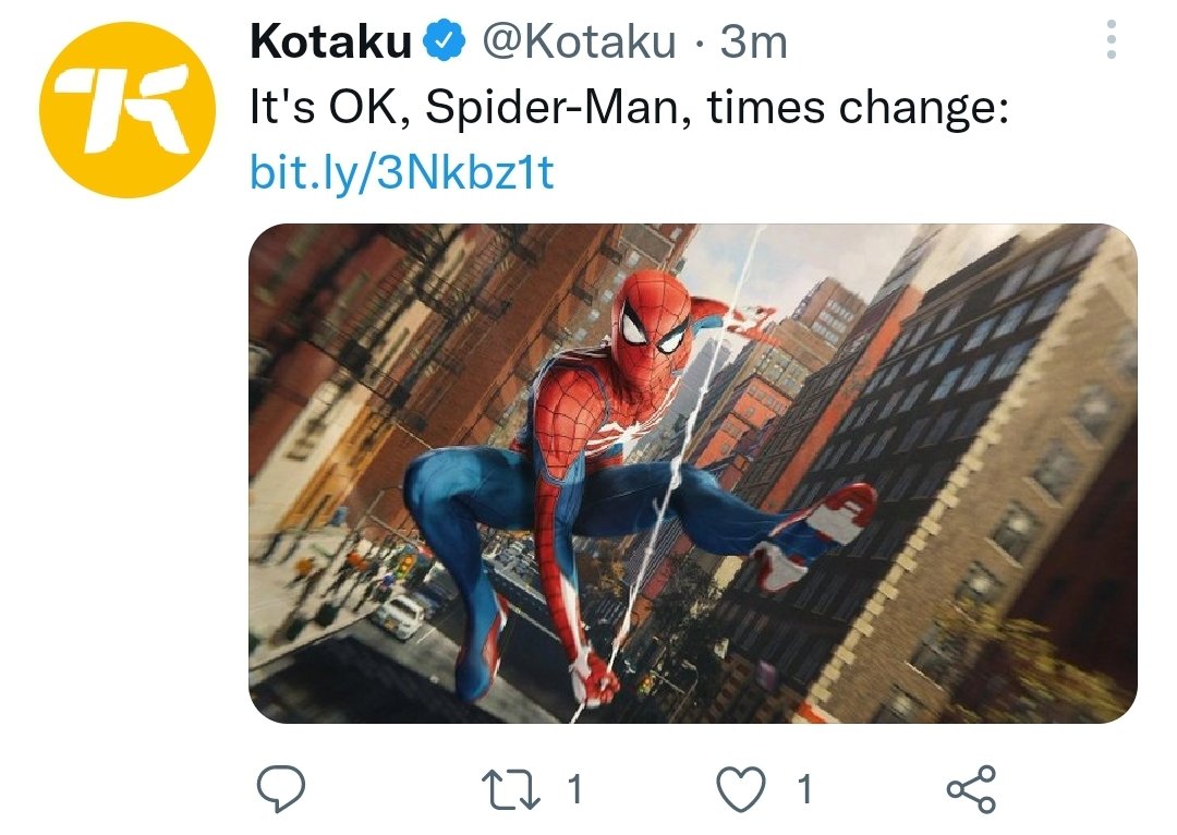 RT @SYACVG: Ita just a Funny jokey joke article regarding this poorly aged Insomniac tweet about Spider-Man PS4 https://t.co/apMg832jc9