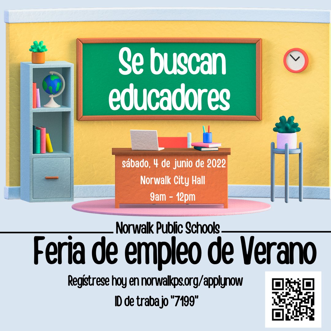 Looking to join a great team? Norwalk Public Schools is hiring for both certified and non-certified positions. Join us on Saturday, June 4 at Norwalk City Hall from 9am - noon. Register at norwalkps.org/applynow
