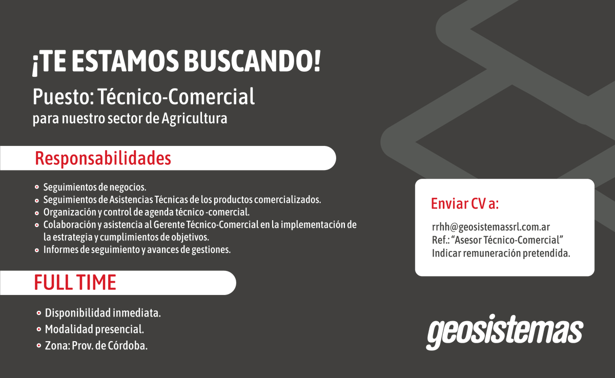 geosistemassrl's tweet photo. Buscamos Asesor Técnico-Comercial con orientación en Agricultura de precisión. 🔍
Conocé todos los detalles en este link https://t.co/wkCcYifhdz https://t.co/0UgB9bTsvu