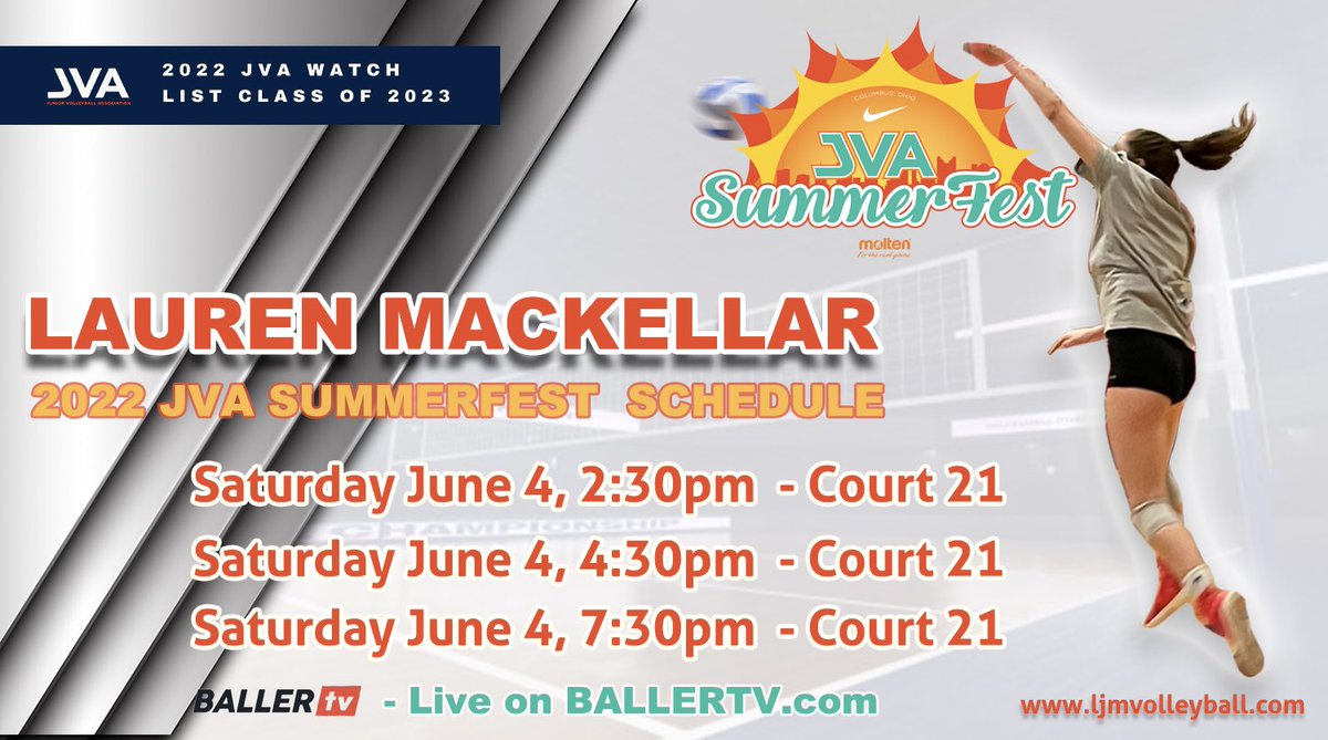 Lauren MacKellar Volleyball (@mackellarlauren) on Twitter photo Back at is this weekend for the 2022 JVA Summerfest Volleyball Tournament at the Greater Columbus Convention Center!
Can’t make it, no problems, our matches will be telecast live on <a href="/ballertvvb/">BallerTV Volleyball</a> Back at is this weekend for the 2022 JVA Summerfest Volleyball Tournament at the Greater Columbus Convention Center!
Can’t make it, no problems, our matches will be telecast live on <a href="/ballertvvb/">BallerTV Volleyball</a>