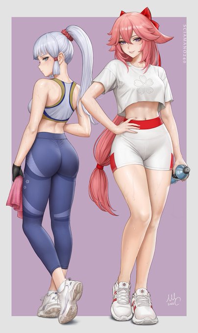 Ayaka and Yae Miko from Genshin Impact, in gym wear. Continuing the gym series. https://t.co/MLiy20A