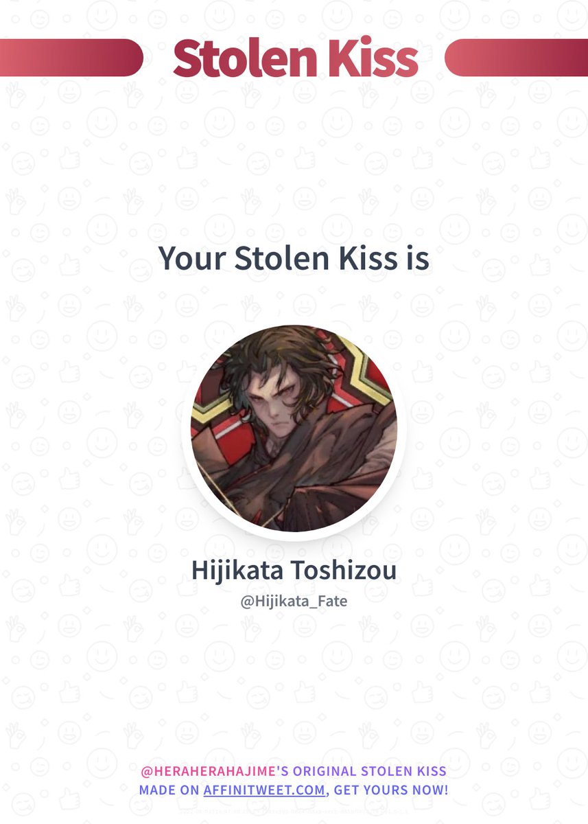 ✨ Stolen Kiss 

Hijikata_Fate would kiss you around the corner... 😏
And you, who would do it?

➡️ affinitweet.com/stolen-kiss