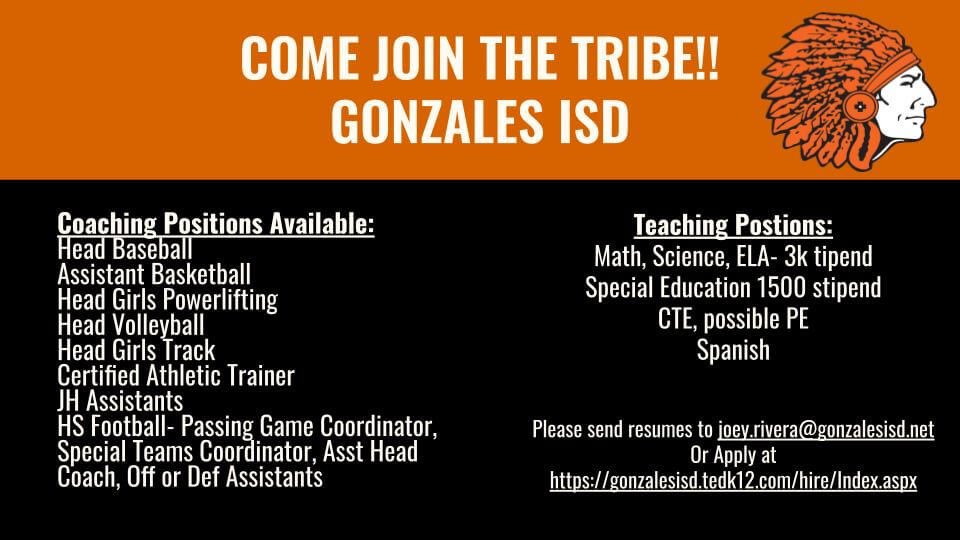 Great things happening in Gonzales, Tx!  Also possible Head Softball and Possible Girls Coordinator!
<a href="/Matt_Stepp817/">Matt Stepp</a> <a href="/THSCAcoaches/">THSCA</a>