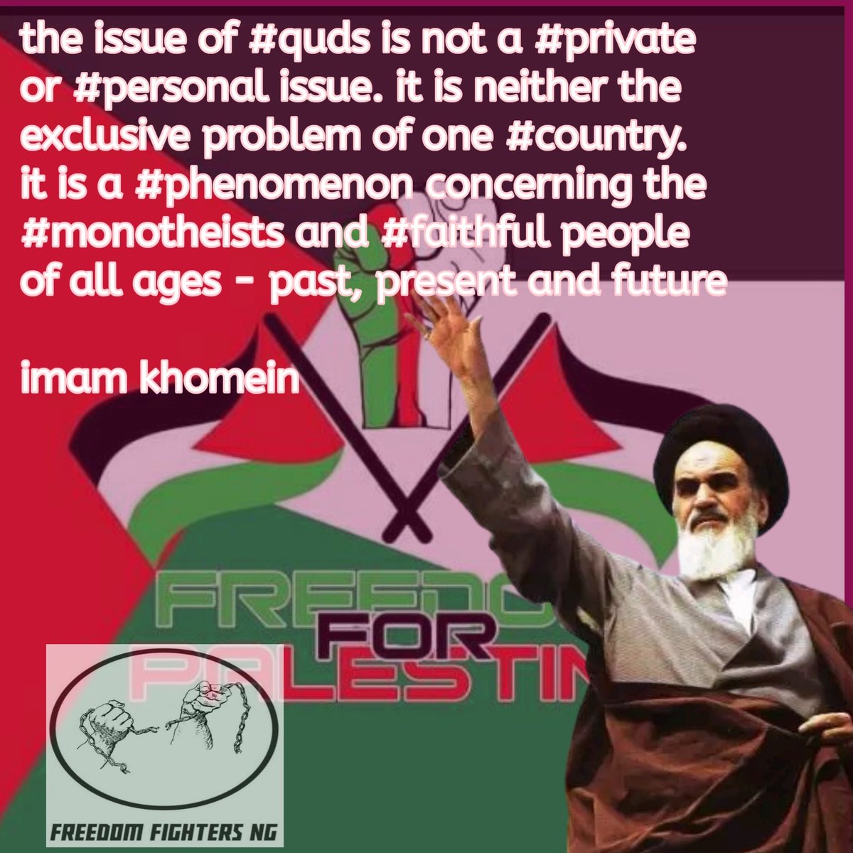 Titimn_313's tweet photo. The issue of #Quds is not a #private or #personal issue. It is neither the exclusive problem of one #country. It is a #phenomenon concerning the #monotheists and #faithful people of all ages - past, present and future
#Khomeini_TheGreatLeader
#KhomeiniForAll https://t.co/ZvtPDjhCPE