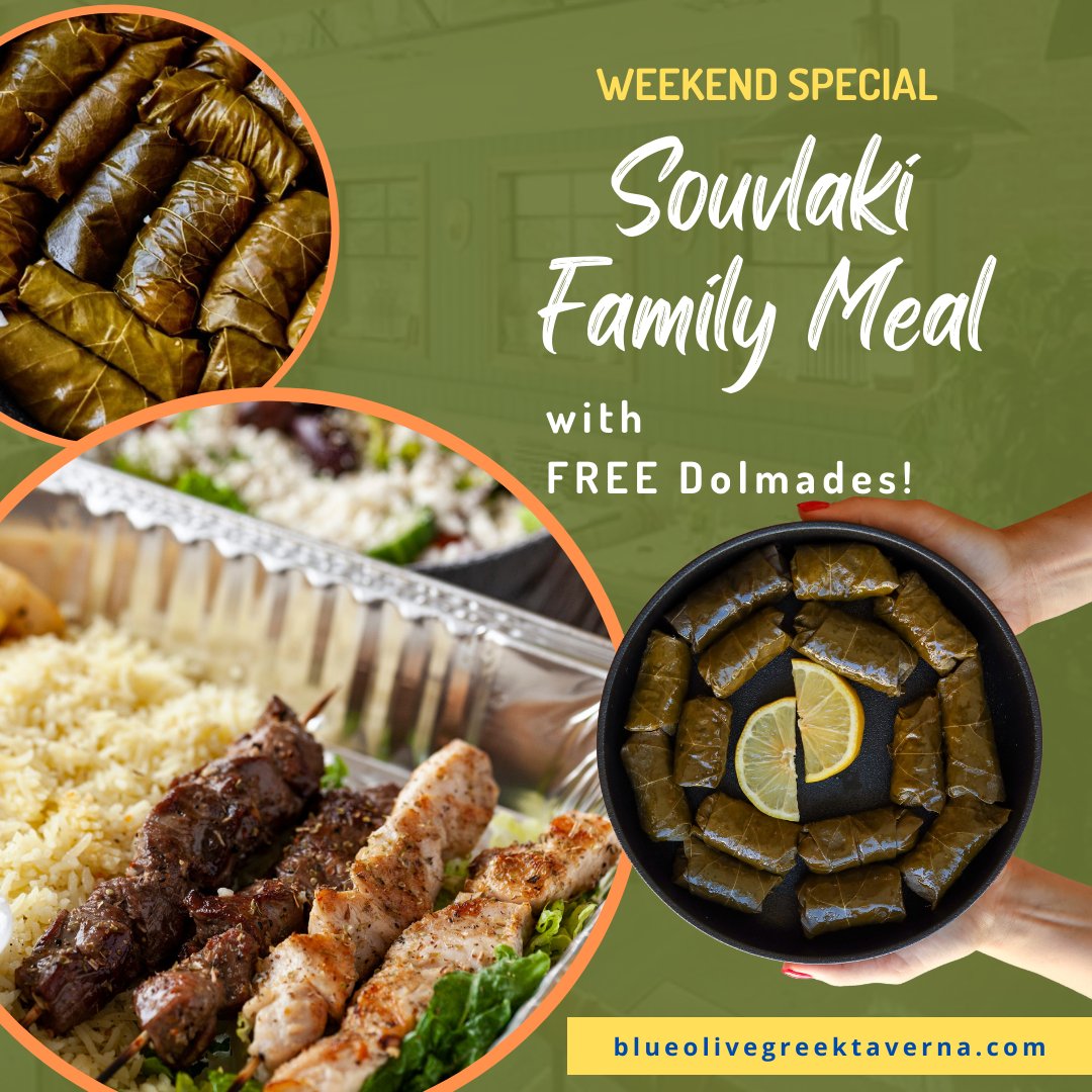 BlueOliveGT's tweet photo. Summer special all weekend long! 🤩 

Souvlaki Family Meal with Free Dolmades >> Choose 4 or 8 free dolmades with each souvlaki family dinner for two or 4 persons. >>
This special is calling. Delivery or take out! 😍😍😍 
#blueolivegreektaverna https://t.co/HNZuodA2fp