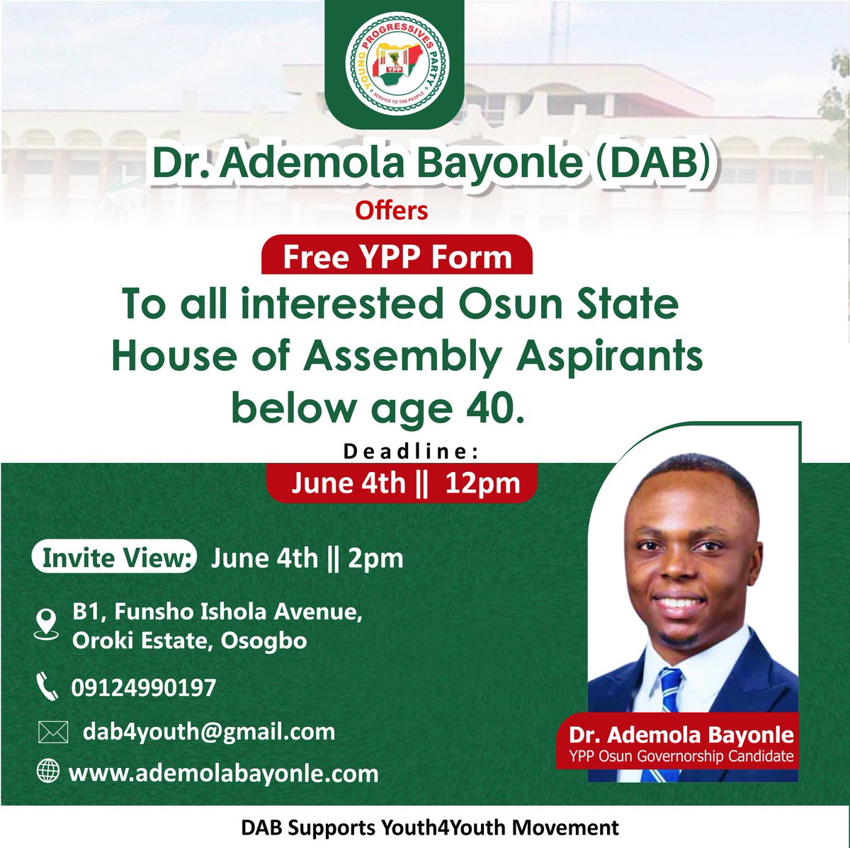 In the bid to deepen the propagation of the Youth4Youth Movement, Dr. Ademola Bayonle (DAB) has offered to give out

Free YPP Form to all interested Osun State House of Assembly Aspirants below age 40.

Let's rescue Osun!
@AishaYesufu
@YeleSowore
@Dr_IfeanyiUbah
@DeleMomodu