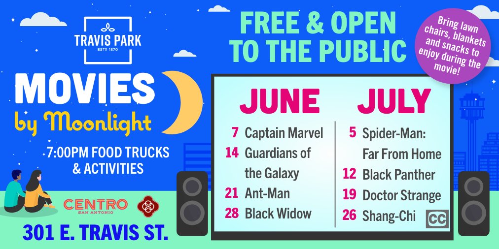 Join us Tuesday evenings in June & July as Movies by Moonlight returns to Travis Park! Free parking after 5 p.m. at City operated garages, lots, & meters for @DowntownTuesday @centrosa