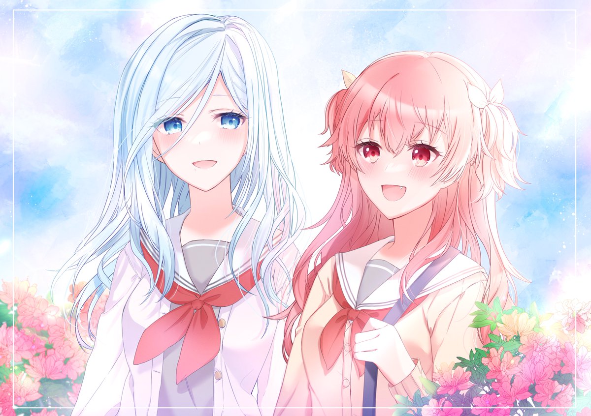 multiple girls 2girls blue eyes blue hair school uniform two side up pink hair  illustration images
