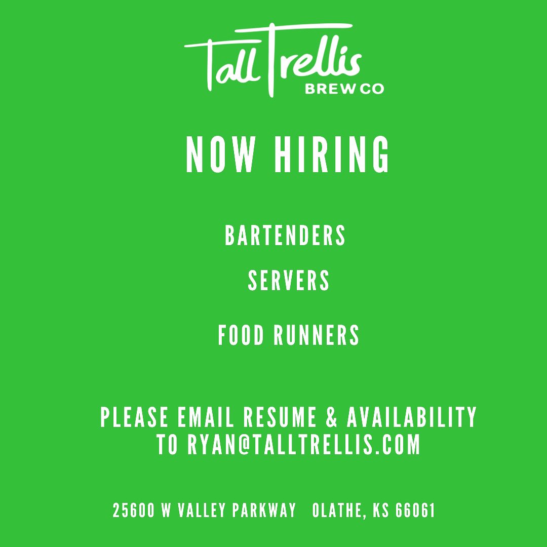 Tall Trellis Brew Co. (@talltrellis) on Twitter photo We are looking to fill a few part-time positions at <a href="/talltrellis/">Tall Trellis Brew Co.</a>. Bartenders & Servers start at $20/hour. Food Runners start at $14/hour. Evening or Weekend availability is a must. If you have a passion for local craft beverages and want to join our team, please reach out! 🍺☕️ We are looking to fill a few part-time positions at <a href="/talltrellis/">Tall Trellis Brew Co.</a>. Bartenders & Servers start at $20/hour. Food Runners start at $14/hour. Evening or Weekend availability is a must. If you have a passion for local craft beverages and want to join our team, please reach out! 🍺☕️