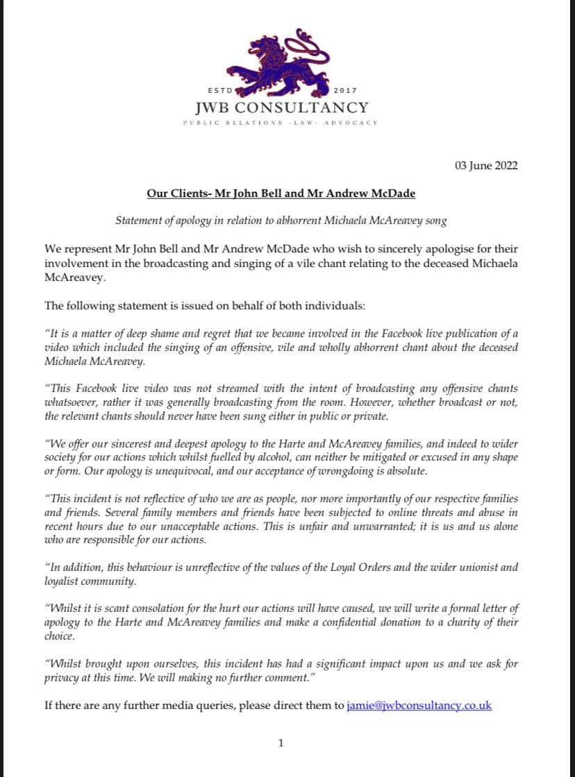JwbConsultancy's tweet photo. Statement issued on behalf of Mr John Bell &amp; Mr Andrew McDade who wish to express their sincere apology for their involvement in the broadcast/singing of a vile and abhorrent chant relating to the deceased Michaela McAreavey https://t.co/IRqmy99TxD