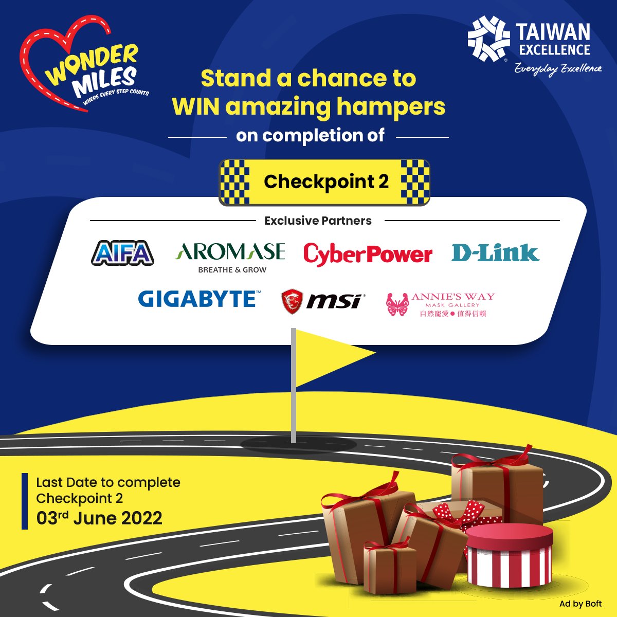 TE_Official_In's tweet photo. Cross checkpoint 2 by completing the 60,000 steps and unlock the chance to WIN the exclusive hamper carrying the best of brands from the land of innovation - Taiwan

#TaiwanExcellence #Aifa #Aromase #CyberPower #Dlink #Gigabyte #MSI #Anniesway #EverydayExcellence #VirtualMarathon https://t.co/IfqOCK3irb