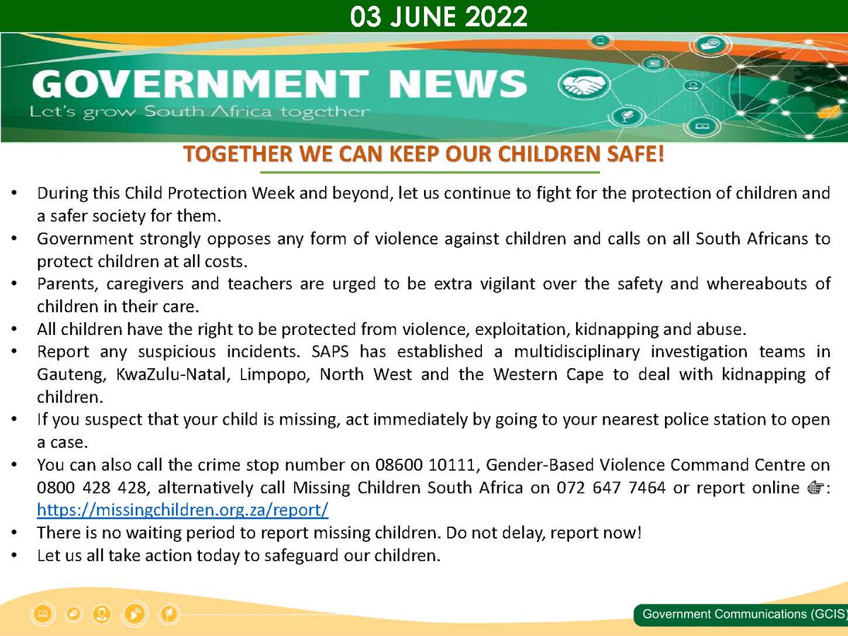 GovernmentZA's tweet image. #ChildProtectionWeek2022 | During this #ChildProtectionWeek and beyond, let us continue to fight for the protection of children and a safer society for them. Let us all take action today to safeguard our children.