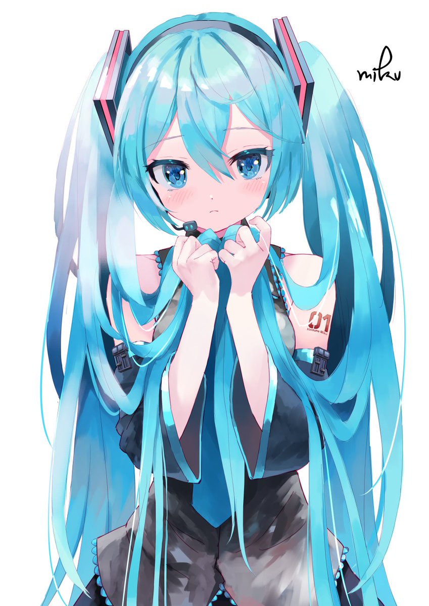 hatsune miku 1girl solo long hair twintails holding hair shirt white background  illustration images