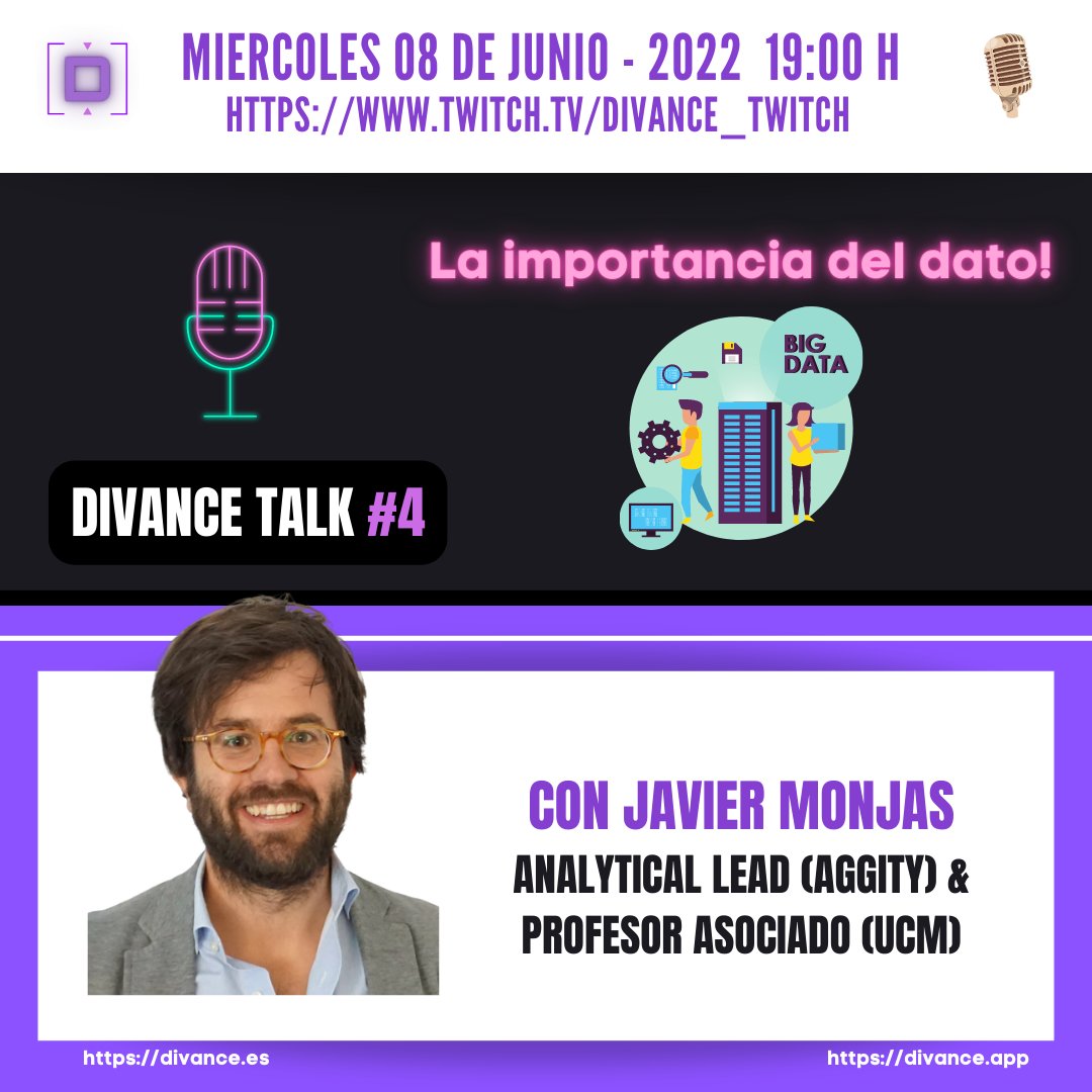 divance7's tweet image. Nuevas y emocionantes charlas, data, webdev, management con Javier Monjas, @minicodelab @ultraroncero