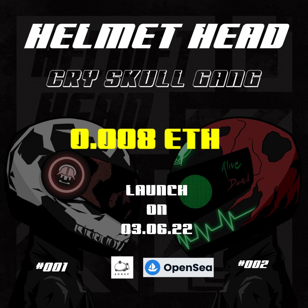AdnapStudio's tweet photo. Helmet Head now available on Opensea First release 6 unique pic in 0.008 ETH
#NFTCommunity #NFTTHAILAND #NFTCollectors #nft #adnapstudio #helmethead #cryskull https://t.co/INsSqxyICE
