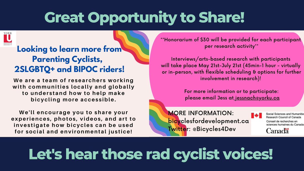The Biking Lawyer (Dave Shellnutt) (@thebikinglawyer) on Twitter photo Our <a href="/thebikebrigade/">@thebikebrigade</a> friend/<a href="/yorkuniversity/">York University</a> researcher wants to hear/learn from rad parenting, 2SLGBTQ+ & BIPOC cyclists in the hopes of seeing how bikes can be used for positive social change! Entirely relevant this morning.
Email jessnach@yorku.ca to share! Our <a href="/thebikebrigade/">@thebikebrigade</a> friend/<a href="/yorkuniversity/">York University</a> researcher wants to hear/learn from rad parenting, 2SLGBTQ+ & BIPOC cyclists in the hopes of seeing how bikes can be used for positive social change! Entirely relevant this morning.
Email jessnach@yorku.ca to share!