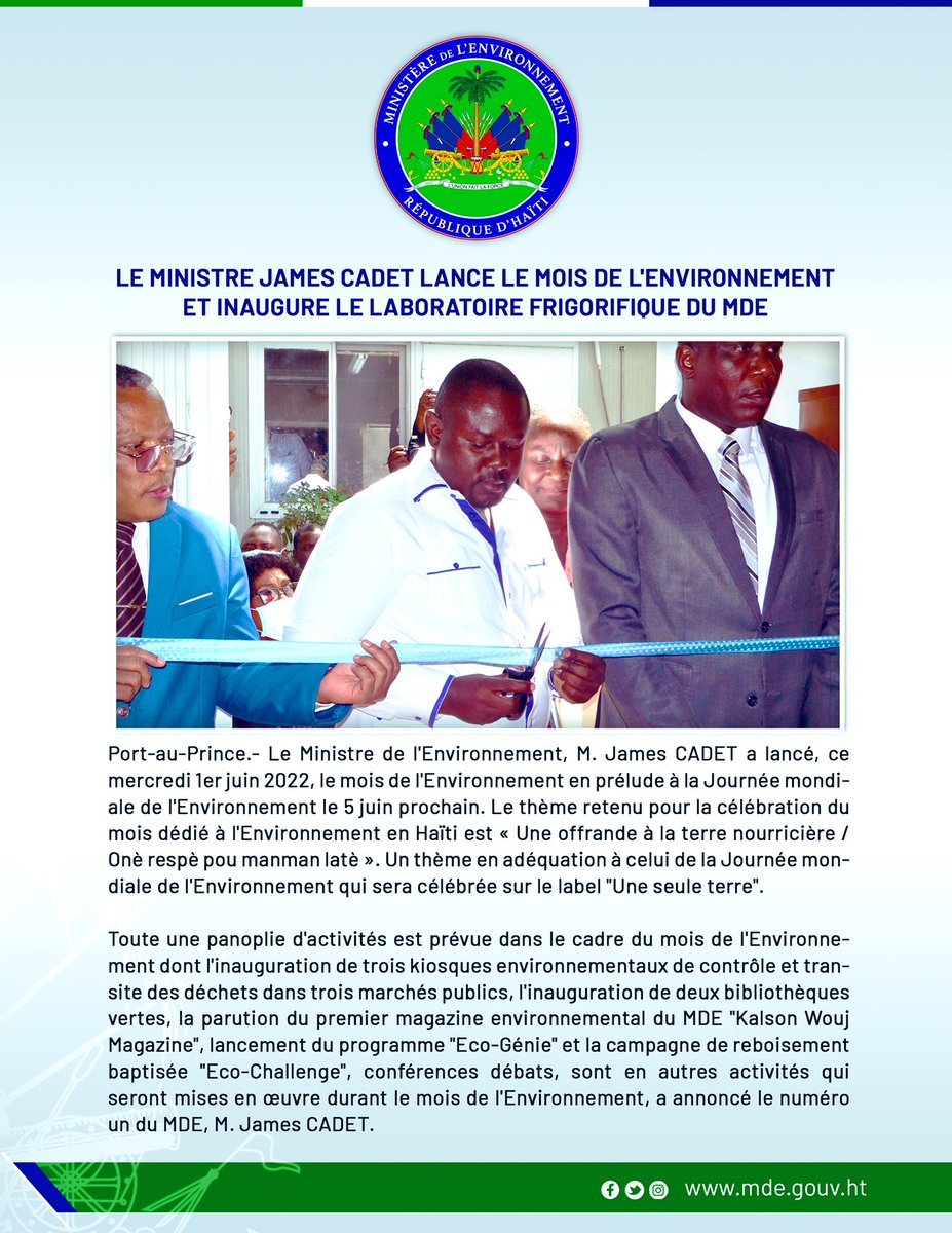 EnvironnementHT's tweet photo. LE MINISTRE JAMES CADET LANCE LE MOIS DE L'ENVIRONNEMENT ET INAUGURE LE LABORATOIRE FRIGORIFIQUE DU MDE https://t.co/kO5iqTywIT