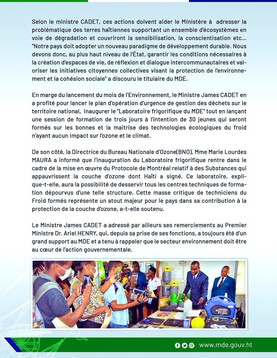 EnvironnementHT's tweet photo. LE MINISTRE JAMES CADET LANCE LE MOIS DE L'ENVIRONNEMENT ET INAUGURE LE LABORATOIRE FRIGORIFIQUE DU MDE https://t.co/kO5iqTywIT