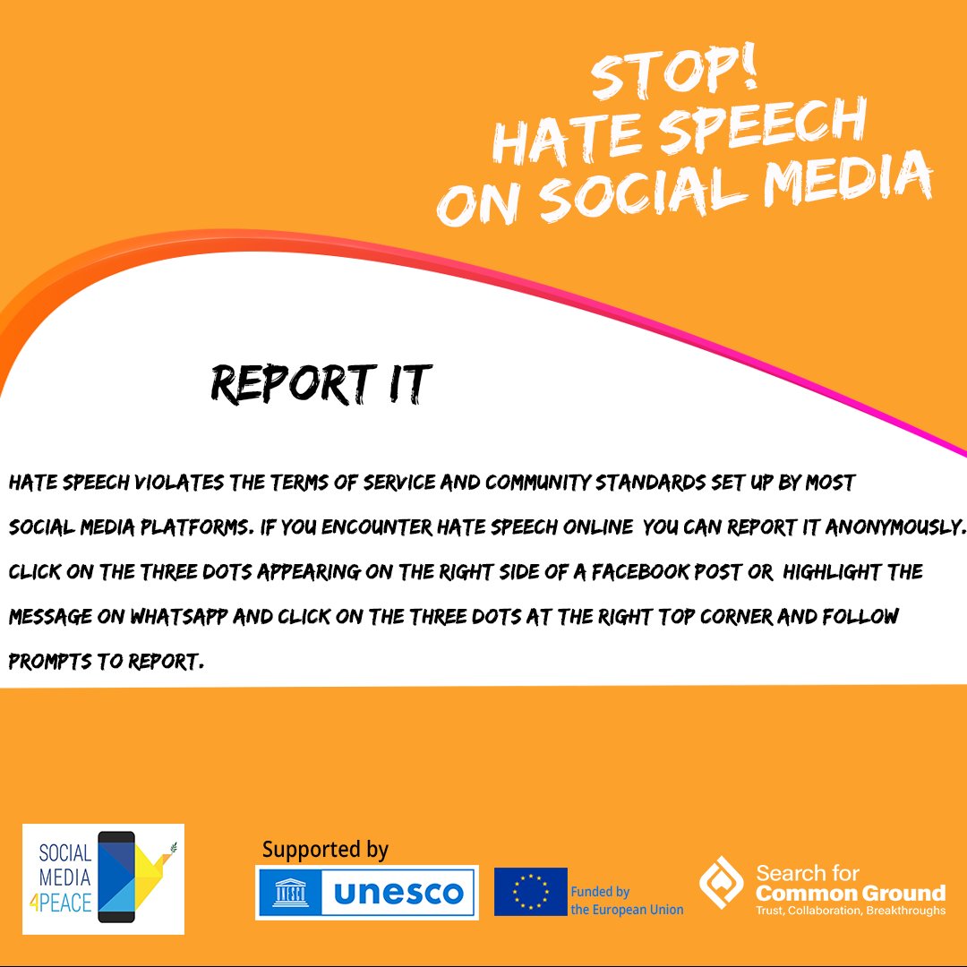 You can make social media free of #hate #speech if we report it to the social media platforms companies. Check on the prompts provided on social media platforms to do this.
