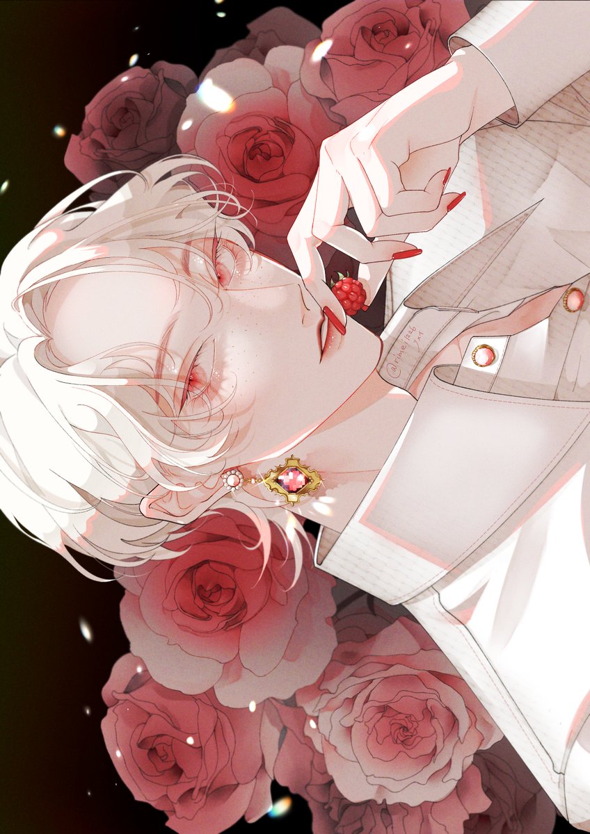 flower 1boy rose male focus jewelry earrings solo  illustration images