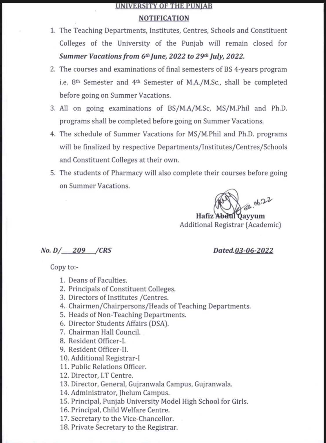 University of Punjab summer vacation