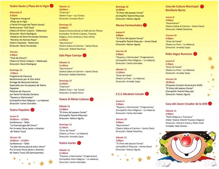 XXII Temporada
"Payasos Narices Rojas"
Del 8 al 12 de junio 2022
Payasos+Payasos=Matanzas
.
.
.
#MatancerosEnVictoria
#Cuba #CubaPorLaVida
#Teatro