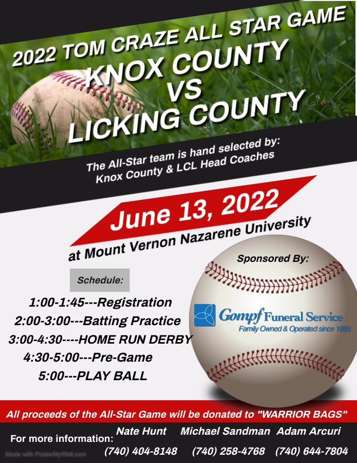 Excited to announce that this years “Tom Craze All-Star game” is going to be Knox County vs Licking County! 

<a href="/BaseballUtica/">Utica Redskins Baseball</a> @LVBaseball2022 @EKBaseball1 <a href="/CL_PiratesBB/">Cardington Baseball</a> <a href="/CHS_BASEBALL10/">Centerburg Baseball</a> <a href="/FLSFreddies1871/">Fredericktown Athletics</a> <a href="/hlsdsports/">Highland Athletics</a> <a href="/GrantPepper/">Grant Pepper</a> <a href="/swankonsports/">Jeff Swank</a> <a href="/tmtribefan/">Tyler Mathias</a> 

#KNOXvsLICKING