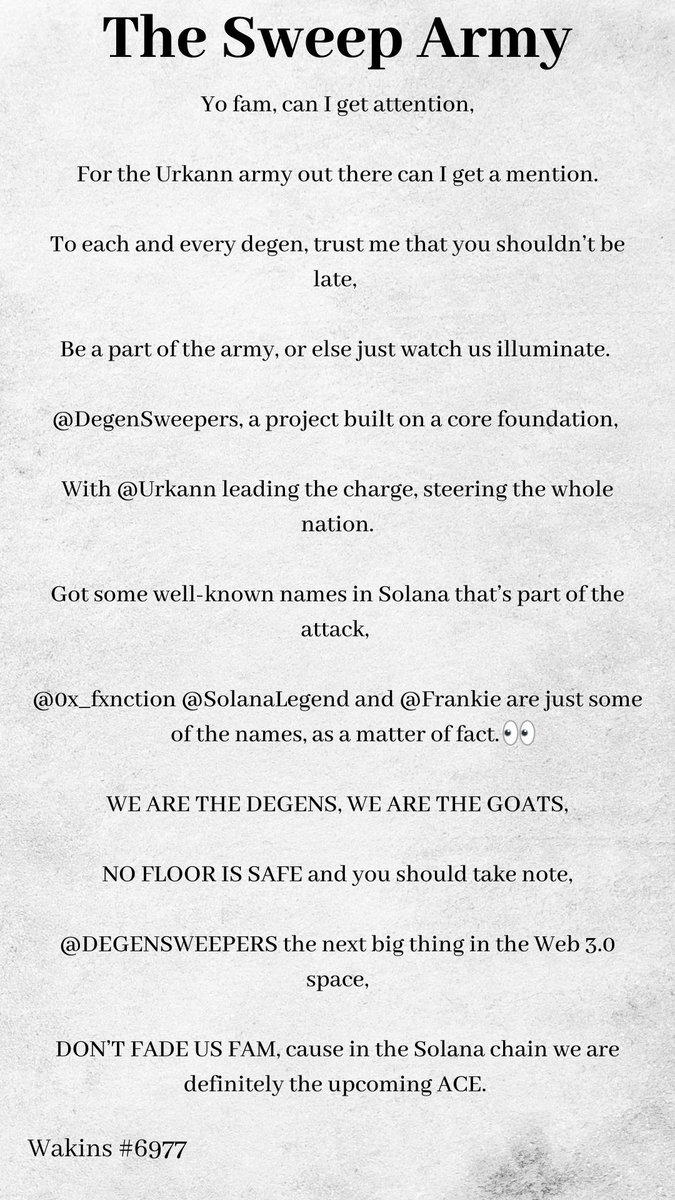 WakinsNFT's tweet photo. Hope you spend a bit of time reading this fam. Trust me, you see a bunch of threads around telling you each and every reason why @DegenSweepers and @_Urkann is the next big thing, so I changed it up a bit. Join the #UrkannArmy and be a part of the family. See you there Degens 🧹 https://t.co/j34sM00gs4
