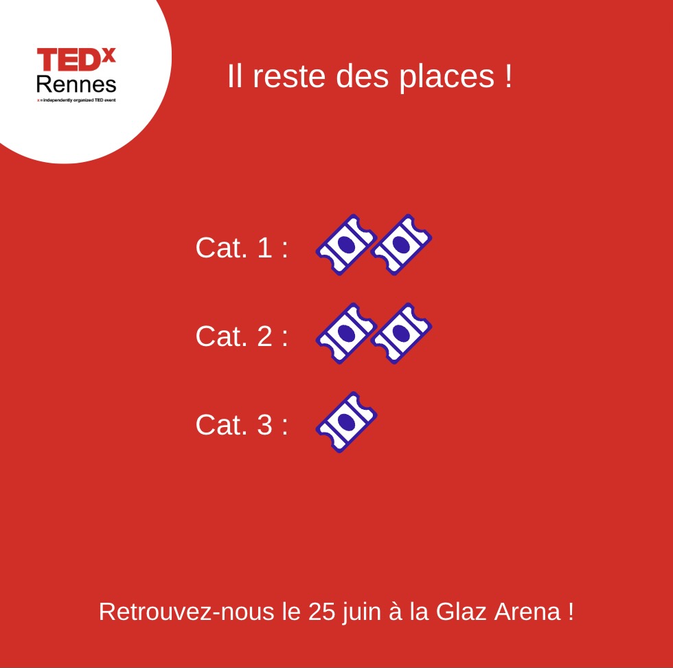 TEDxRennes's tweet photo. 📣 Il ne reste plus beaucoup de places !

Nous sommes à J-22 de l'événement. 
Réservez dès maintenant vos billets pour l'édition du #TEDxRennes 2022 ! 🎟️
 
Il suffit de cliquer sur le lien suivant : https://t.co/GWYbYzbNqc

Hâte de vous retrouver le 25 juin à la Glaz Arena 😉 https://t.co/WoLfq5mwRL