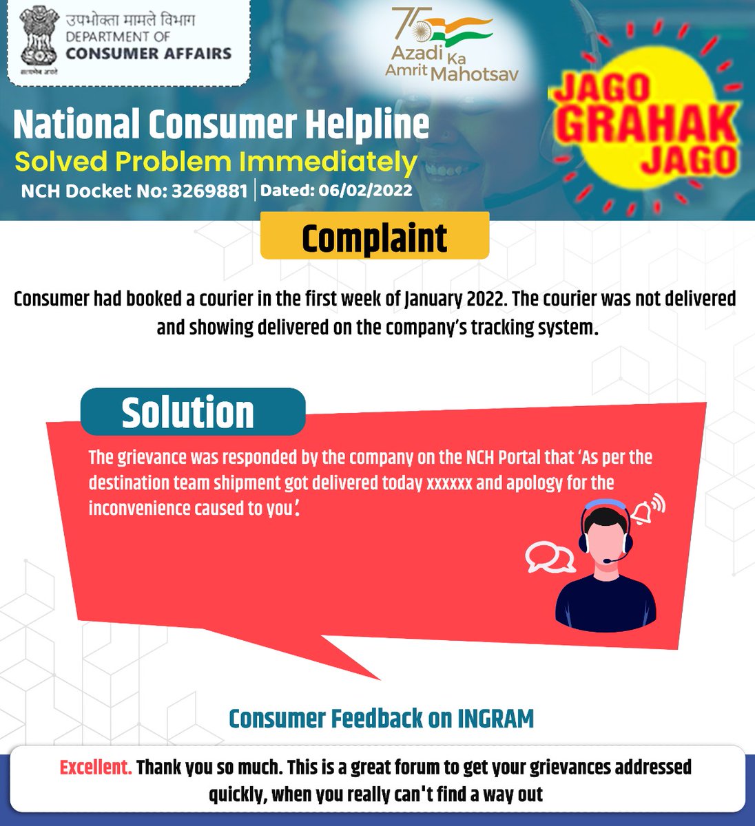 A success story of National Consumer Helpline (NCH). NCH helped a consumer in getting redressal of his grievance related to shipment of a courier. #JagoGrahakJago #Success #story #NCH #AzadiKaAmritMahotsav