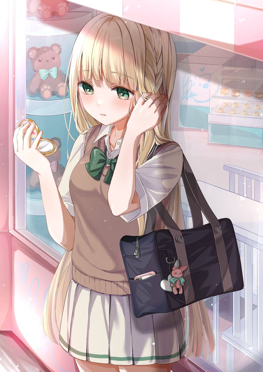 1girl skirt solo long hair blonde hair green eyes bag  illustration images