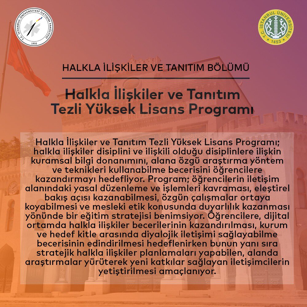 Fakültemizin yüksek lisans programlarından Halkla İlişkiler ve Tanıtım Tezli Yüksek Lisans Programı bu yıl da yeni öğrencilerini bekliyor.

<a href="/IstilefH/">İSTİLEF_HİT</a> 

Detaylı bilgi ve program müfredatı için 👇🏼

iletisim.istanbul.edu.tr/tr/content/hal…