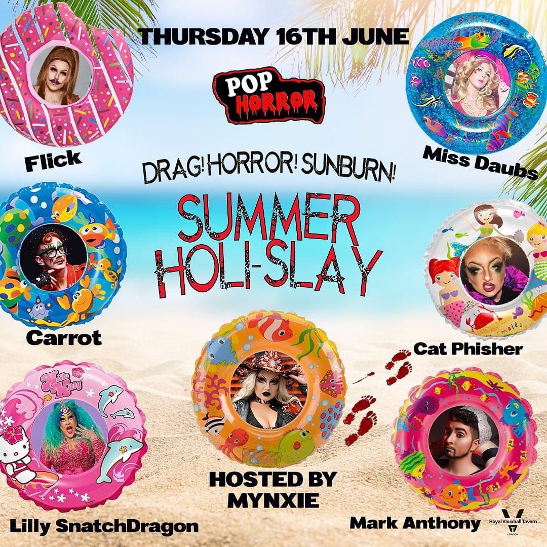 solvealonga's tweet photo. Itโs #PopHorror time again #fangelas! Full cast for Summer Holi-Slay @rvtofficial on 16.06. Book @outsavvy Performances by Lilly SnatchDragon!
Mark Anthony! Carrot! Flick!
Cat Phisher! Miss Daubs!
#londonlife. #cabaret #drag #comedy #burlesque #dragkings #dragqueens #queer https://t.co/j78KXziqfX