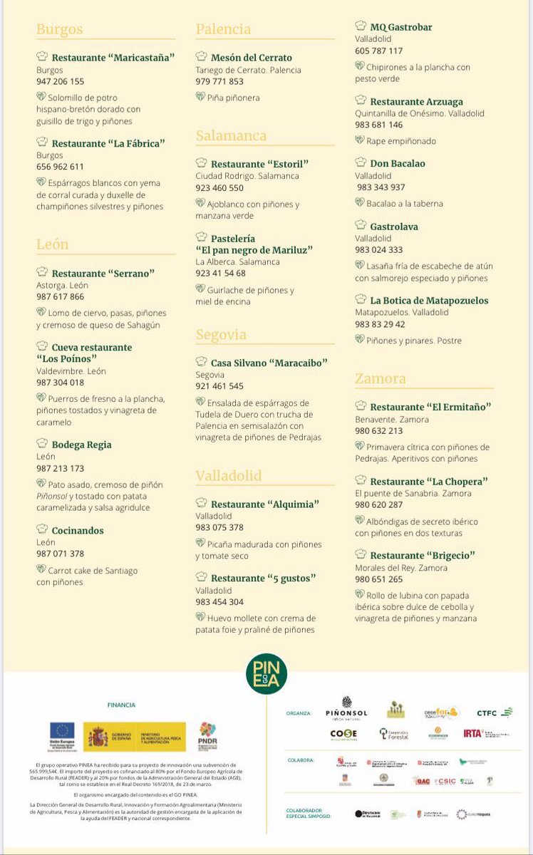 🟢Después de dos jornadas técnicas llegan las Primeras Jornadas Gastronómicas del Piñón!! #SimposioPiñonero2022 
👩‍🍳 Una oportunidad de probar el mejor #piñón, el Pinus pinea, natural y de nuestra tierra, junto con los mejores cocineros 
👇 Descubre qué restaurantes participan