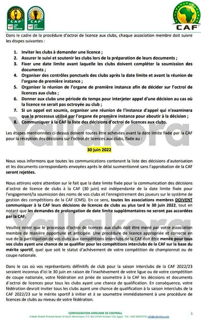 منع مشاركة أي نادي في مسابقتي دوري الأبطال والكونفدرالية عليه أحكام قبل 31 ديسمبر 2021 ، ما لم تتم تسويتها قبل حلول موعد 31 مارس 2022
يتابع CAF مع FiFA جميع المعلومات عن كل نادي مشارك في مسابقات الأندية
رسمياً CAF لم يحدد 30 يونيو موعداً لإرسال أسماء الأندية للمشاركة بالمسابقات