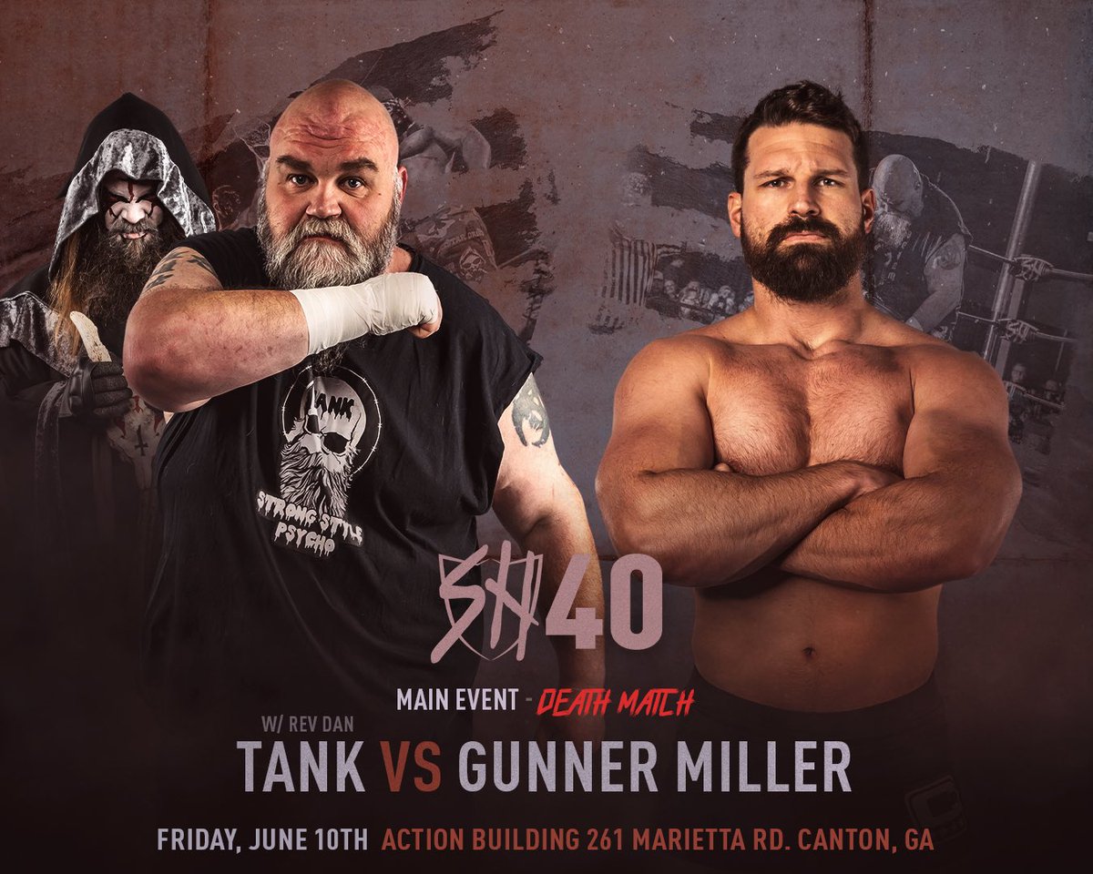 SHonorWrestling's tweet photo. .@GunnerMi11er shocked us all at #SHW39 when he challenged @TANK_Est1996 to a #DeathMatch, which just so happens to be The Bloodbath Behemoth's specialty! The match has been made official and will take place next Friday, June 10th, at #SHW40! You DON’T want to miss this insanity! https://t.co/K18IcoII3D