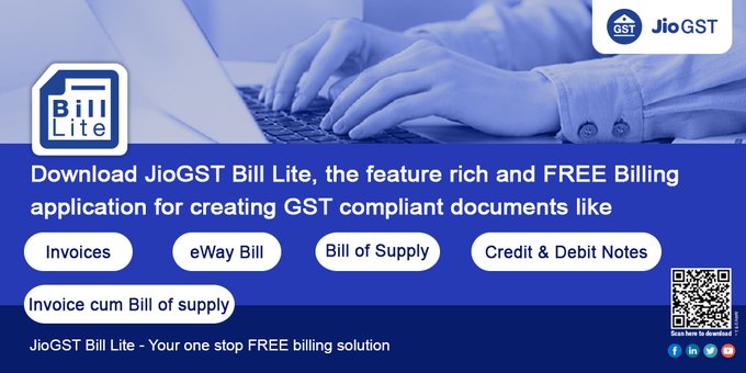JioGST's tweet photo. You can create invoices, eWay bill, bill of supply, credit &amp; debit notes with the feature rich #JioGST Bill Lite .
Download #JioGST Bill Lite from here : https://t.co/wr0PzTcY1K https://t.co/BWiJrg1KvE