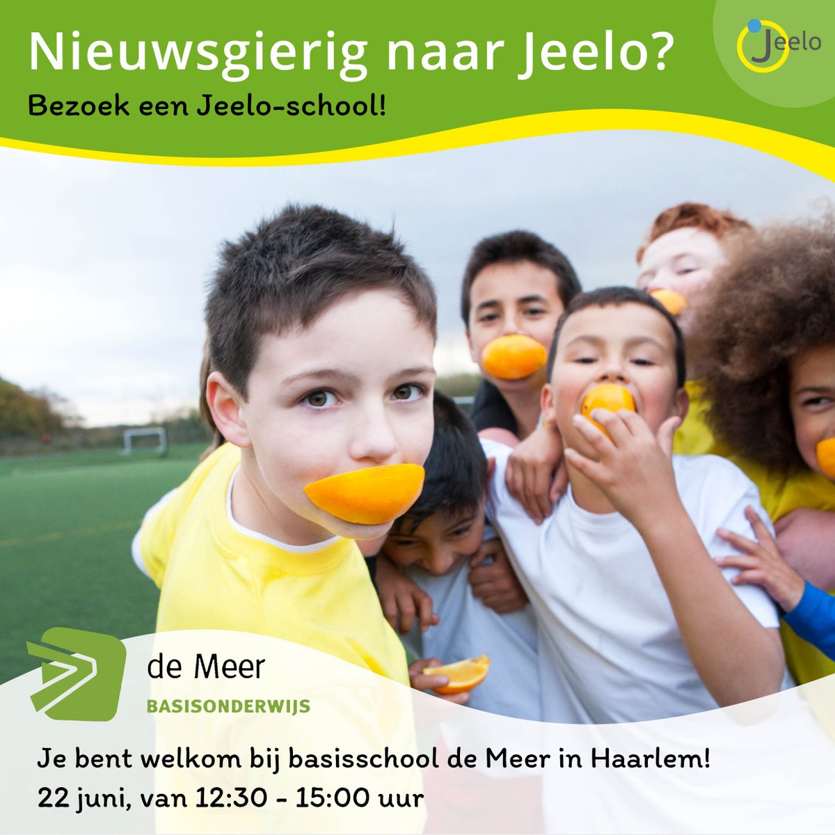 Wil je Jeelo in de praktijk zien? Werken met schoolbrede projecten van groep 1 t/m 8?  Kom eens op bezoek bij een Jeelo-school! Bijvoorbeeld bij de Meer in Haarlem op 22 juni of op 28 juni bij KC De Stroom in Helmond.
Schrijf je hier in: jeelo.nl/doe-mee/