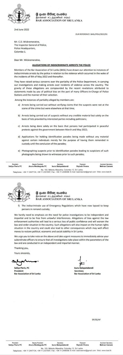 Letter by BASL to the AG and IGP on the need to adhere to the procedure established by law in carrying out arrests; to avoid indiscriminate arrests and for independent and impartial investigations free from bias.