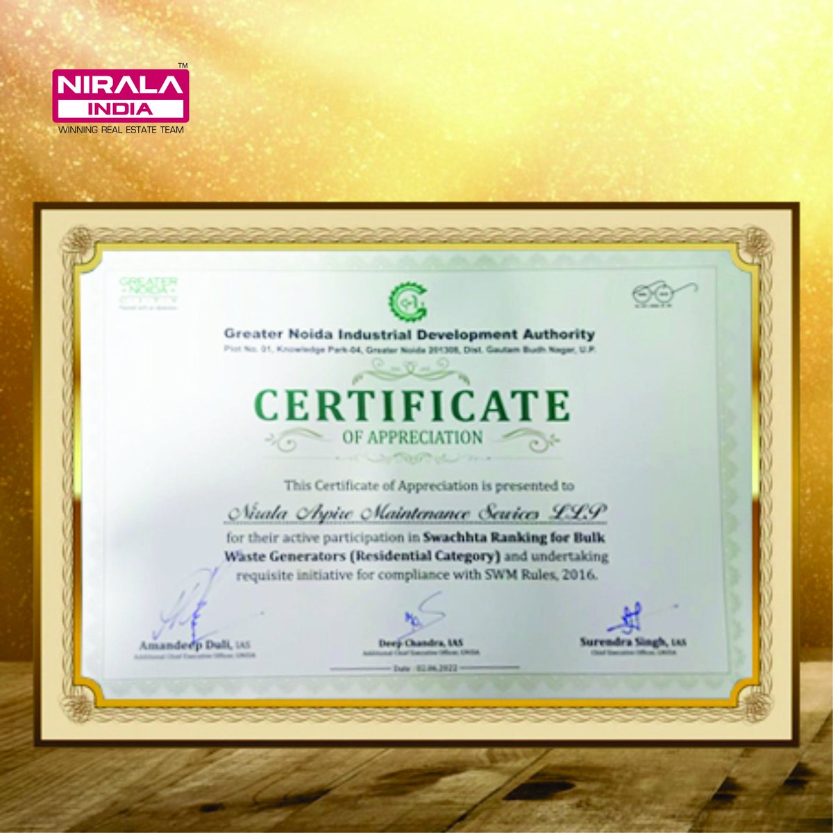 IndiaNirala's tweet photo. #niralawishes #Congratulations #6thprize #GreaterNoidaIndustrialDevelopementAuthority #certificateofappreciation #rewardsandrecognition #June2022 #NiralaAspireMaintenanceServiceLLP #NiralaMaintenanceTeam #Achievementaward https://t.co/KPKlg6XCRn