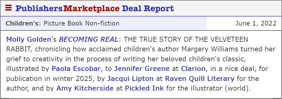 Raven Quill Literary Agency (@ravenliterary) on Twitter photo Congratulations to <a href="/mgoldenbooks/">Molly Golden</a> on the announcement of her amazing debut picture book, BECOMING REAL, to be illustrated by <a href="/paolaesco8ar/">Paola Escobar</a> and edited by the incomparable @GenevieveVerte! Congratulations to <a href="/mgoldenbooks/">Molly Golden</a> on the announcement of her amazing debut picture book, BECOMING REAL, to be illustrated by <a href="/paolaesco8ar/">Paola Escobar</a> and edited by the incomparable @GenevieveVerte!