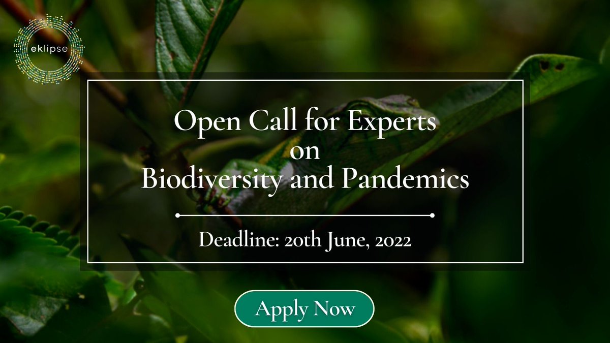 Eklipse invites applications from different fields of expertise to join an Expert Working Group (EWG) on Biodiversity and Pandemics.

Please apply by filling the Eklipse Form before June 20th, 2022, midnight (CEST). Read more about the call here: eklipse.eu/calls/
