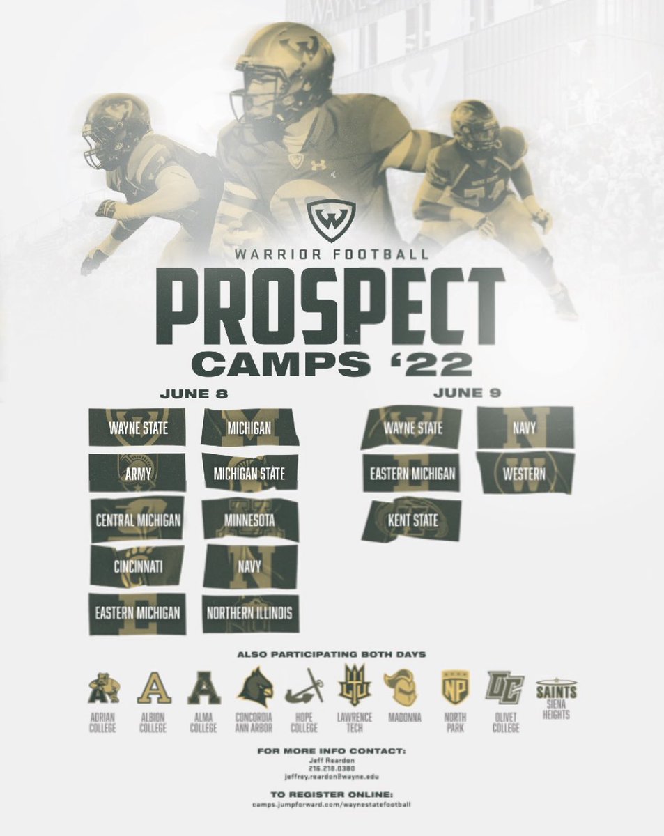 Over 20 Scholarship Schools will be in attendance @WSUWarriorFB camp next week. They are ready to make offers! Sign up today camps.jumpforward.com/waynestatefoot…