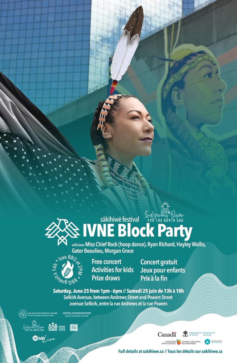 We're working with Indigenous Vision for the North End to shut down Selkirk Avenue for a full day of music, BBQ, fun, and prizes!

Join us on Saturday, June 25 for our first annual IVNE Block Party!

The concert begins at 1pm, free BBQ at 2pm, and prize draw at the stage at 6pm.